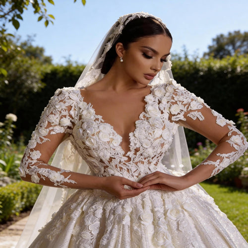 Ball Gown Wedding Dress, Lace Appliqué Bodice, Glitter Tulle Skirt, Elegant Princess Bridal Gown