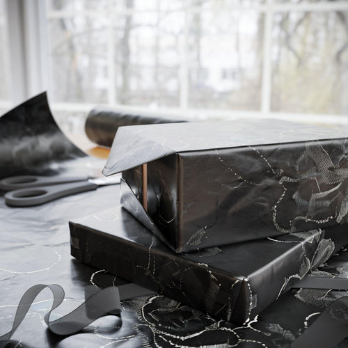 Black Vintage Gift Wrap with White/Silver Accents - Stylish Gift Wrap, Elegant Present Packaging, Holiday Wrapping
