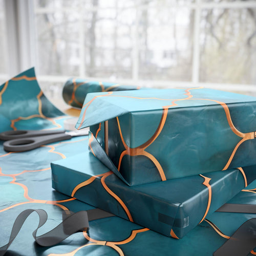 Aqua and Gold Gift Wrap - Christmas, Birthday, Holidays, Present, Elegant Gift Packaging, Festive Decor