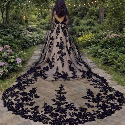 Black Lace Cathedral Veil, Floral Appliqué Wedding Veil, Gothic Bridal Veil, Long Dramatic Veil with Lace Train, Alternative Bride