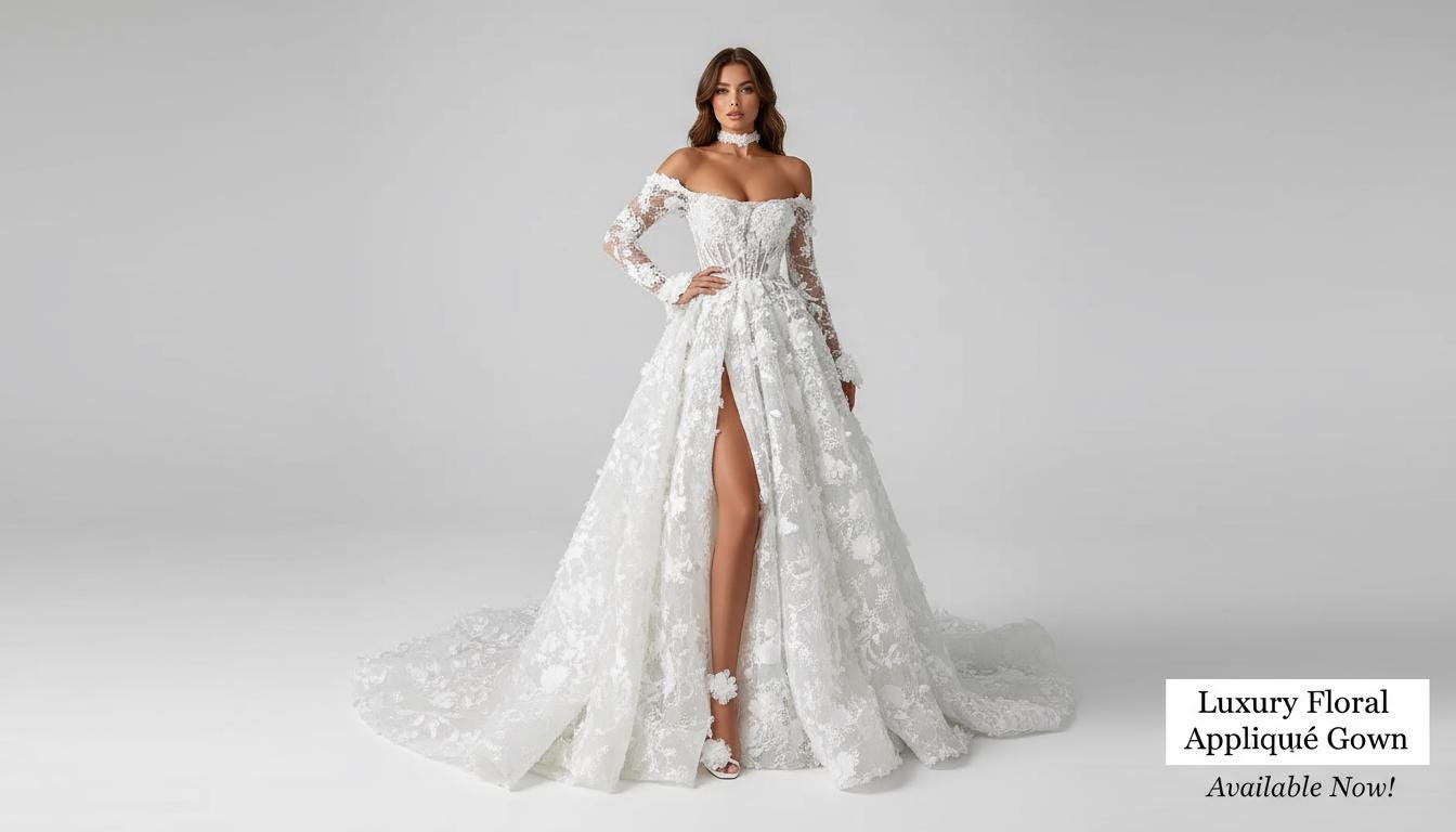 Boho A-Line Off-Shoulder Lace Wedding Dress with High Slit & Flowing Train